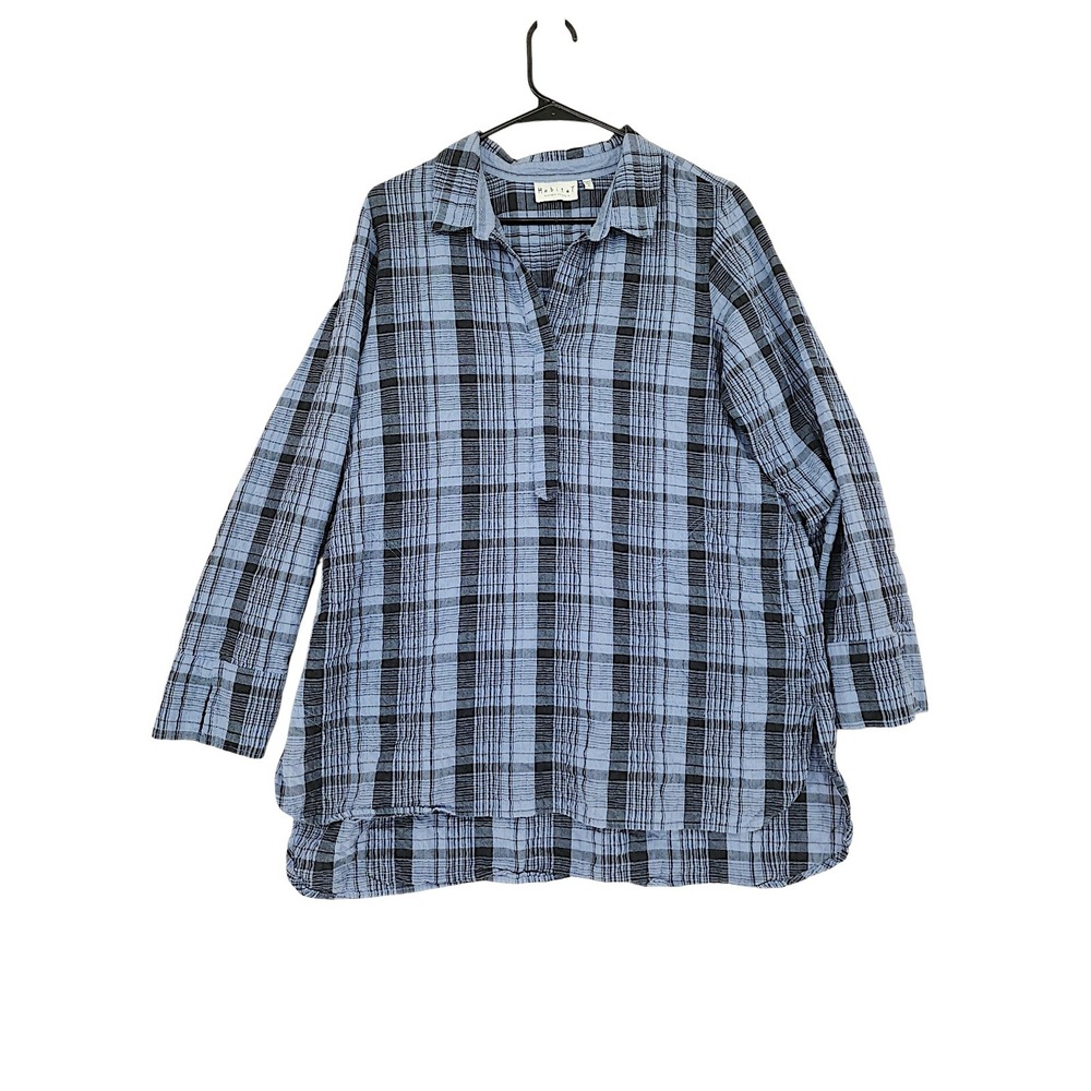 Habitat Tunic Top sz S Women Plaid Blue Black Cotton Crinkle Henley Pockets Boho